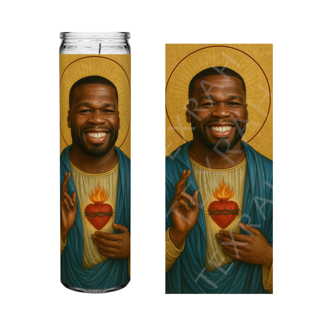 Saint 50 Cent Celebrity Prayer Devotional Parody Altar Candle, 8" white unscented