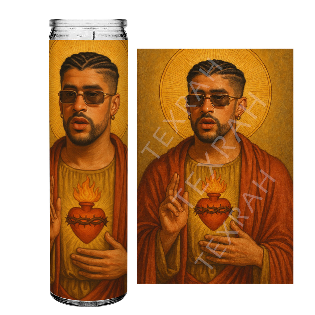 Saint Bad Bunny Celebrity Prayer Devotional Parody Altar Candle, 8" white unscented