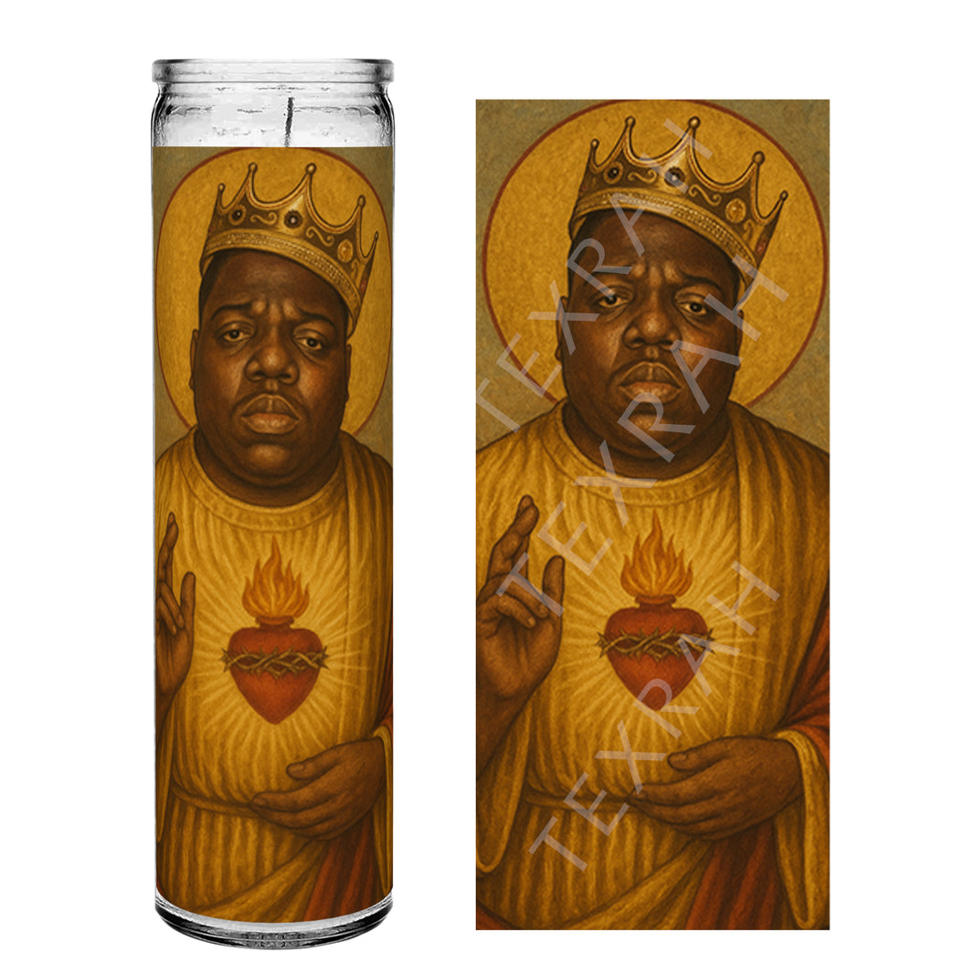 Saint Biggie Smalls Notorious B.I.G. Celebrity Prayer Devotional Parody Altar Candle, 8" white unscented