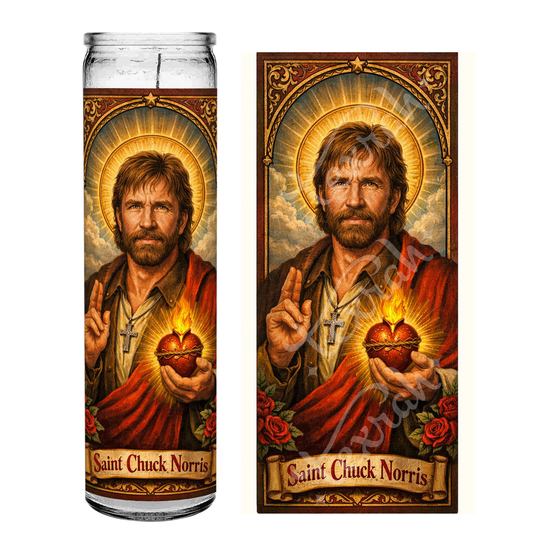 Saint Chuck Norris Prayer Devotional Altar Candle, 8" white unscented