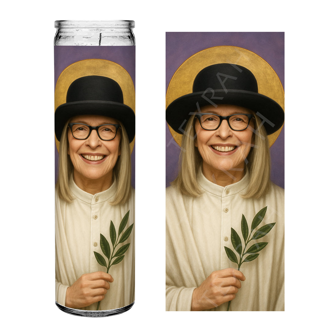 Saint Diane Keeton Celebrity Prayer Devotional Parody Altar Candle, 8" white unscented