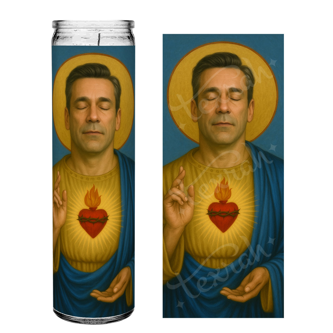 Saint Jon Hamm Celebrity Prayer Devotional Parody Altar Candle, 8" white unscented