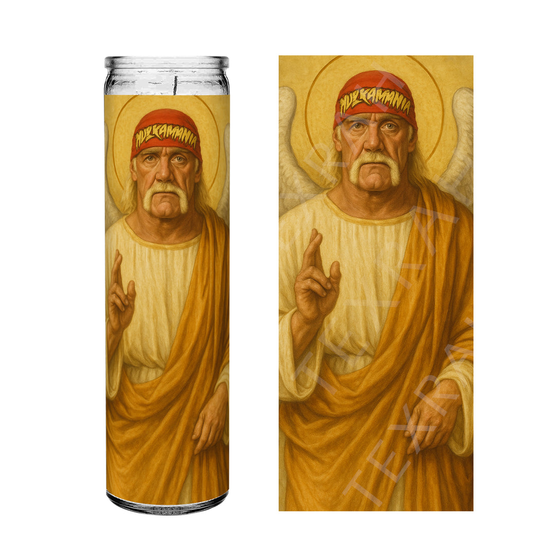 Saint Hulk Hogan Prayer Devotional Candle | 8" white unscented glass
