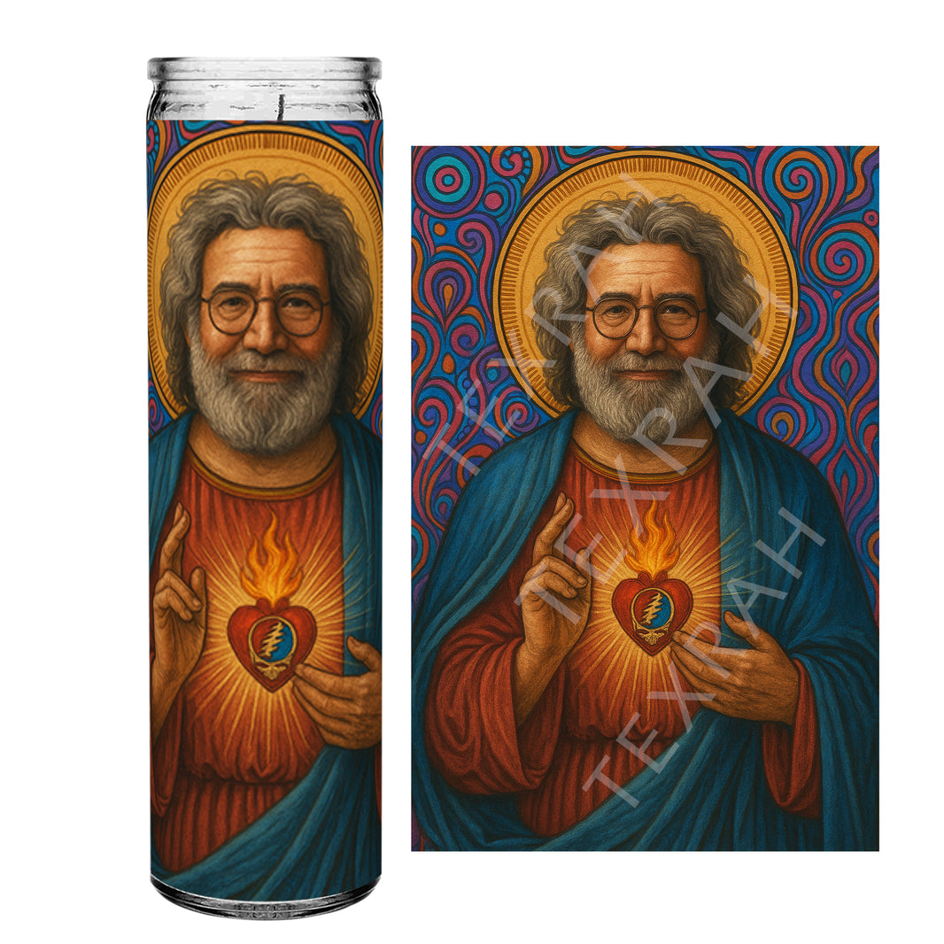 Saint Jerry Garcia Grateful Dead Celebrity Prayer Devotional Parody Altar Candle, 8" white unscented