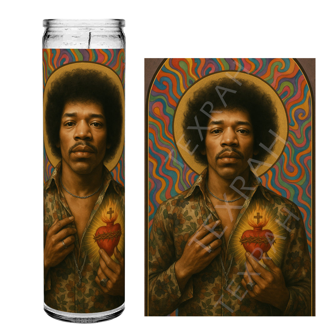 Saint Jimi Hendrix Celebrity Prayer Devotional Parody Altar Candle, 8" white unscented