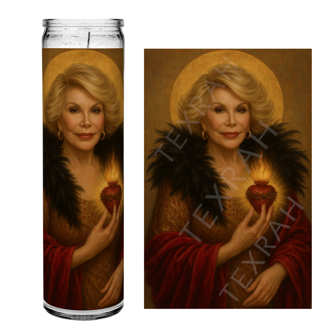 Saint Joan Rivers Celebrity Prayer Devotional Parody Altar Candle, 8" white unscented