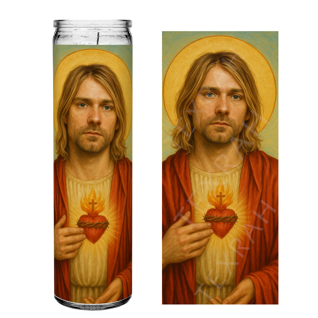 Saint Kurt Cobain Celebrity Prayer Devotional Parody Altar Candle, 8" white unscented