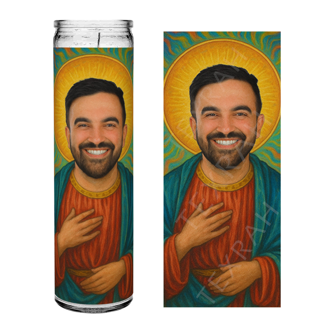 Saint Zohran Mamdani Celebrity Prayer Devotional Parody Altar Candle, 8" white unscented