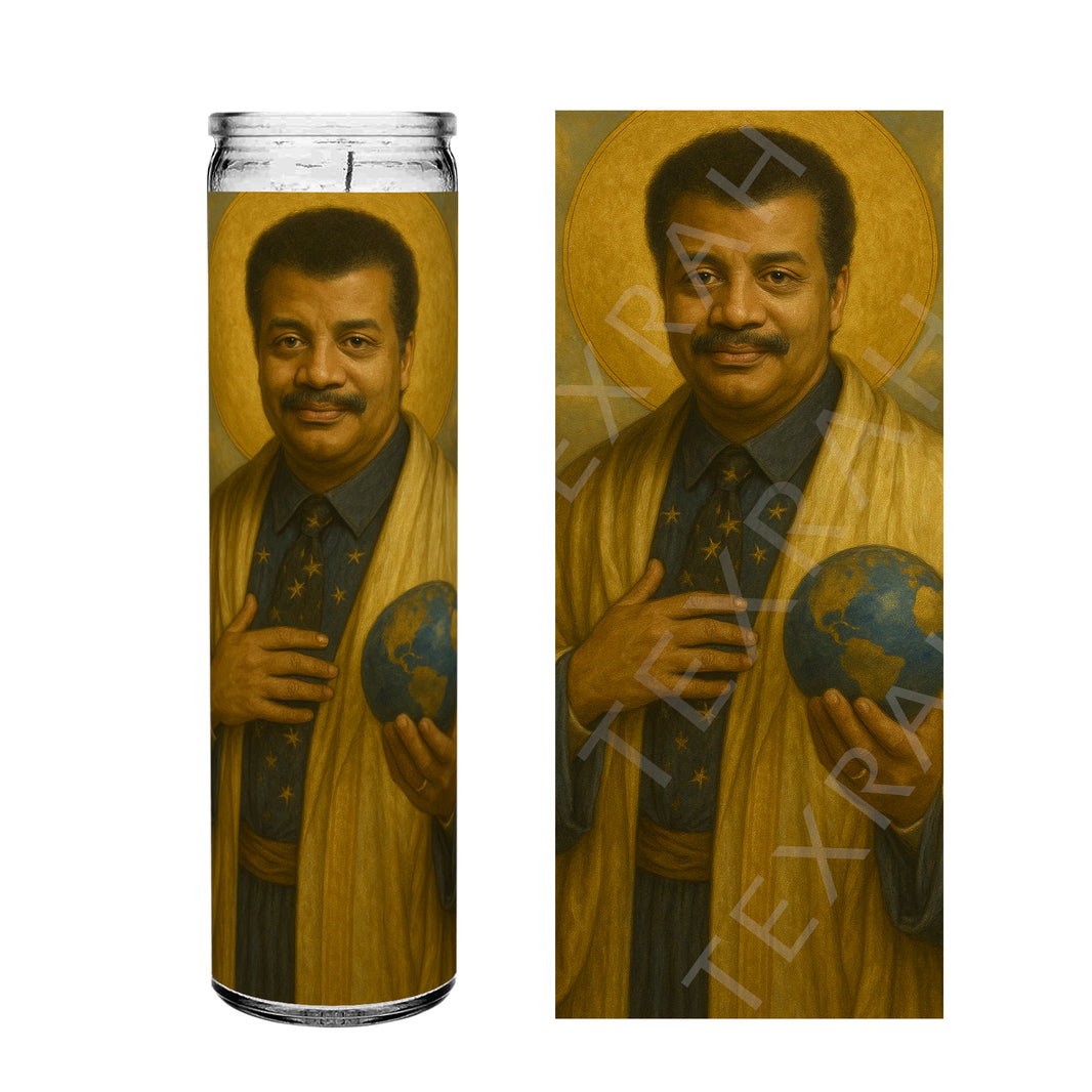 Saint Neil deGrasse Tyson Prayer Devotional Candle | 8" white unscented glass