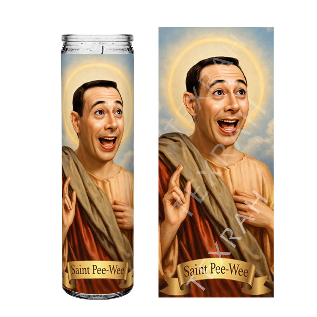 Saint Pee-Wee Herman Prayer Devotional Candle | 8" white unscented glass