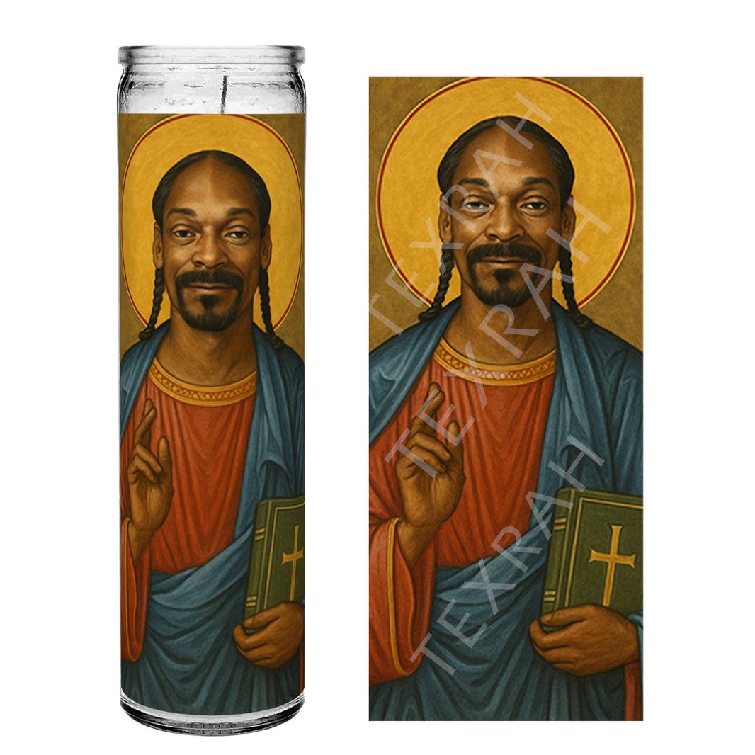 Saint Snoop Dogg Celebrity Prayer Devotional Parody Altar Candle, 8" white unscented
