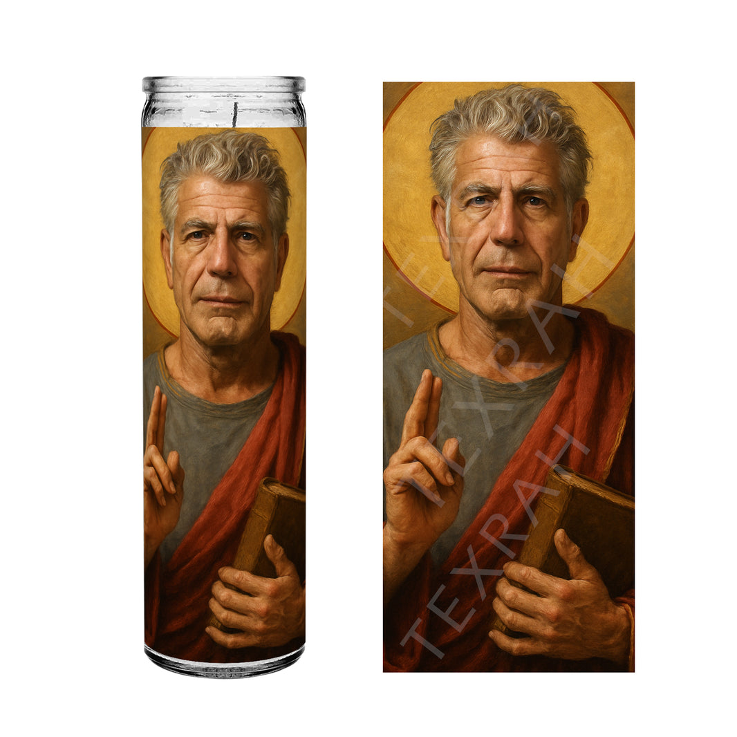 Saint Anthony Bourdain Celebrity Prayer Devotional Parody Candlev (V2) 8" white, unscented glass (Copy)