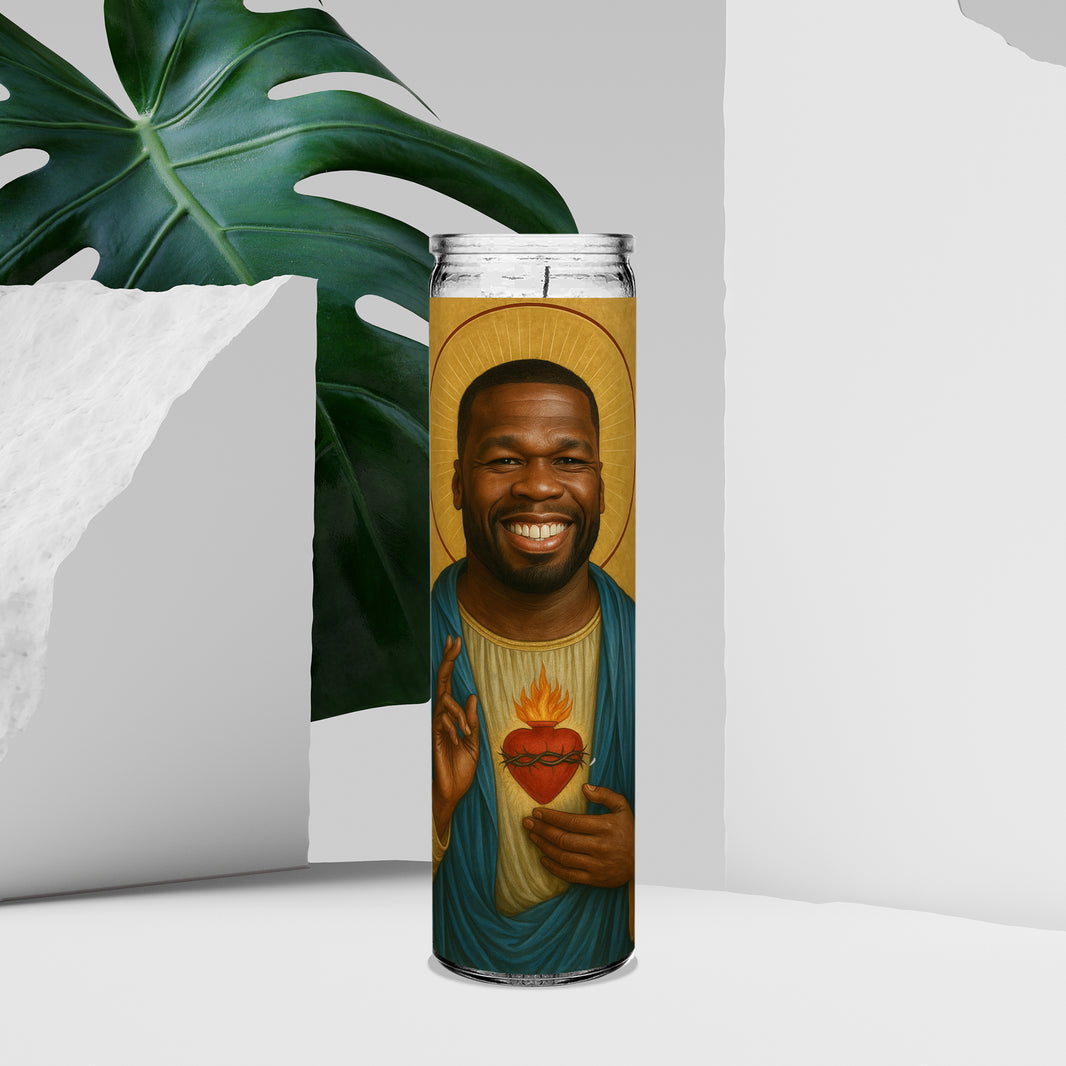 Saint 50 Cent Celebrity Prayer Devotional Parody Altar Candle, 8" white unscented