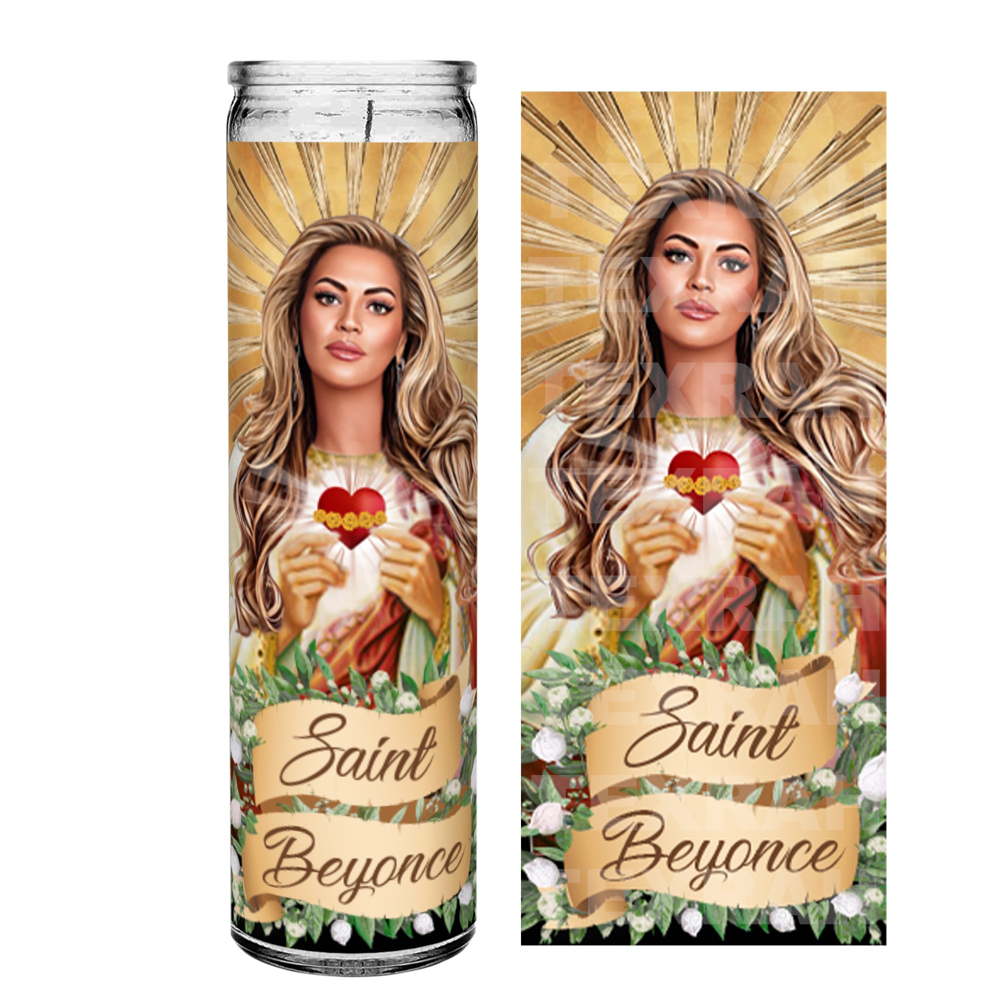 A prayer candle featuring an illustrated image of Beyoncé depicted as a saint. She is holding a heart with thorns, wearing a halo of golden rays behind her head, with flowing blonde hair. The banner at the bottom reads 'Saint Beyoncé,' surrounded by greenery and flowers.