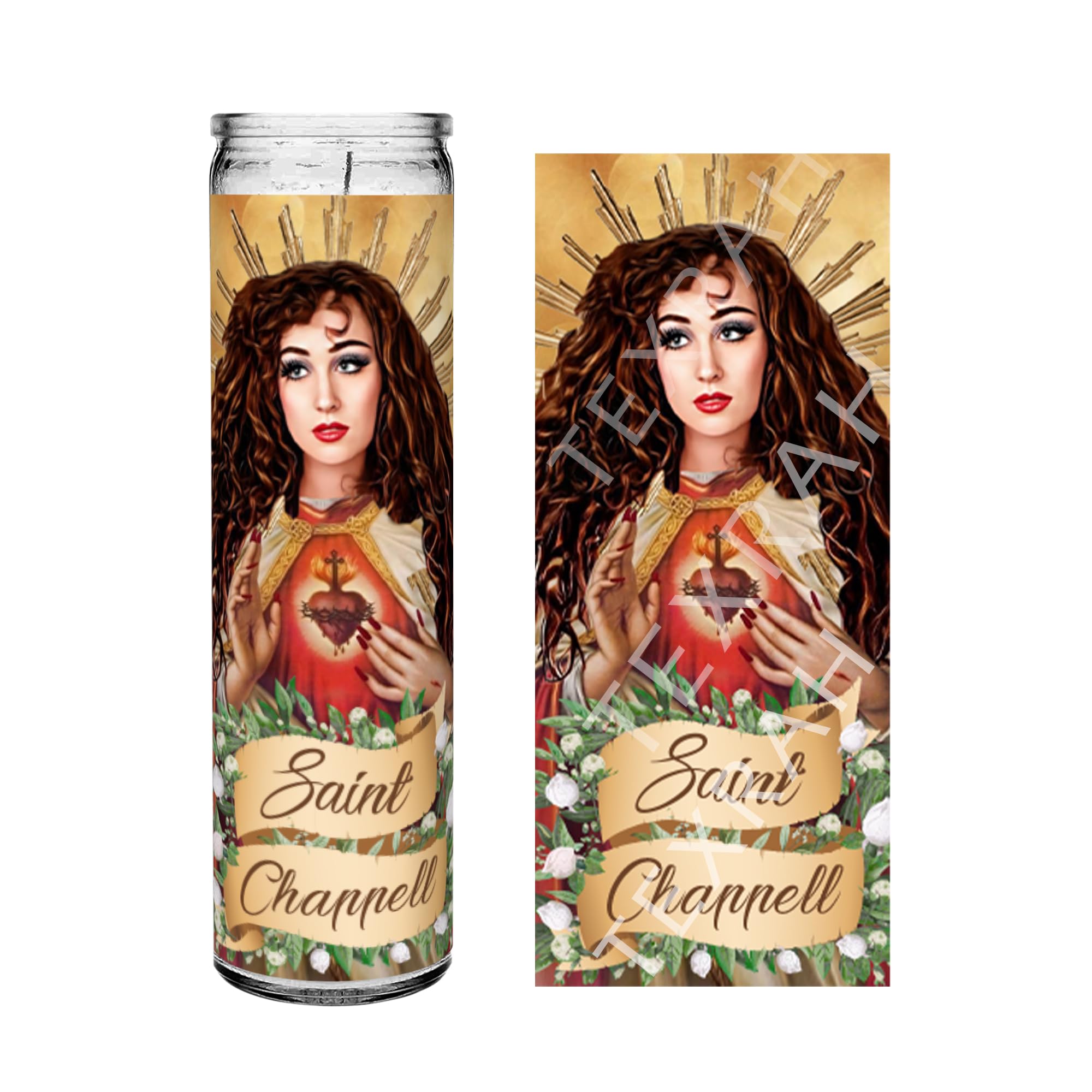 This image shows the Saint Chappell Roan Prayer Candle, beautifully set against stained glass windows with warm and vibrant colors. The candle features an illustration of Chappell Roan dressed in a saintly robe, with a glowing Sacred Heart symbol in the center of her chest. The intricate detailing around the candle, including floral accents and a halo-like design, gives it a divine and reverent touch while capturing Chappell Roan's essence.