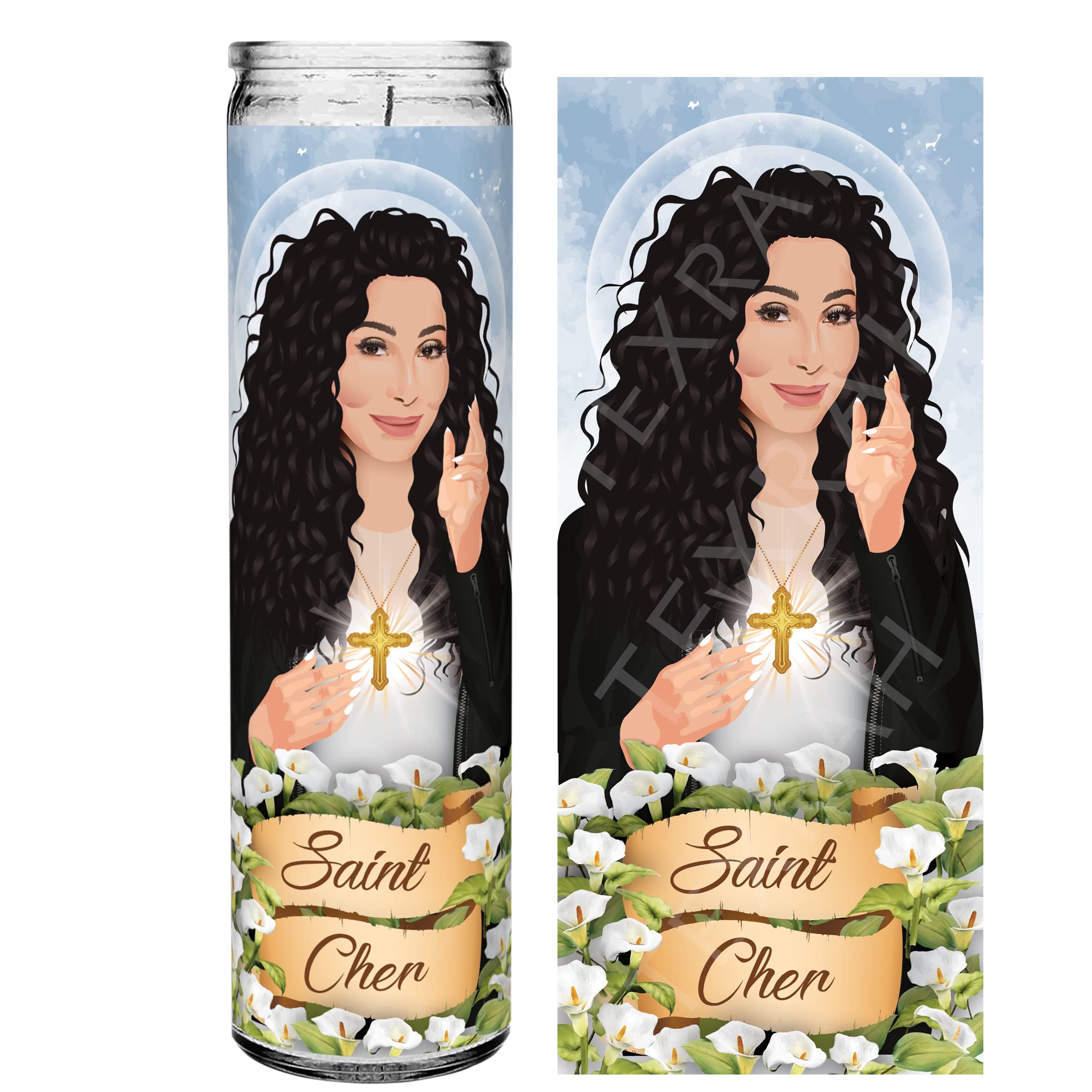 Saint Cher prayer candle design featuring an illustration of Cher as a saint. She has voluminous black hair, a bright halo, and holds a cross over her chest. Her hand is lifted in blessing. The banner at the bottom reads 'Saint Cher,' surrounded by white flowers, against a soft blue sky background.