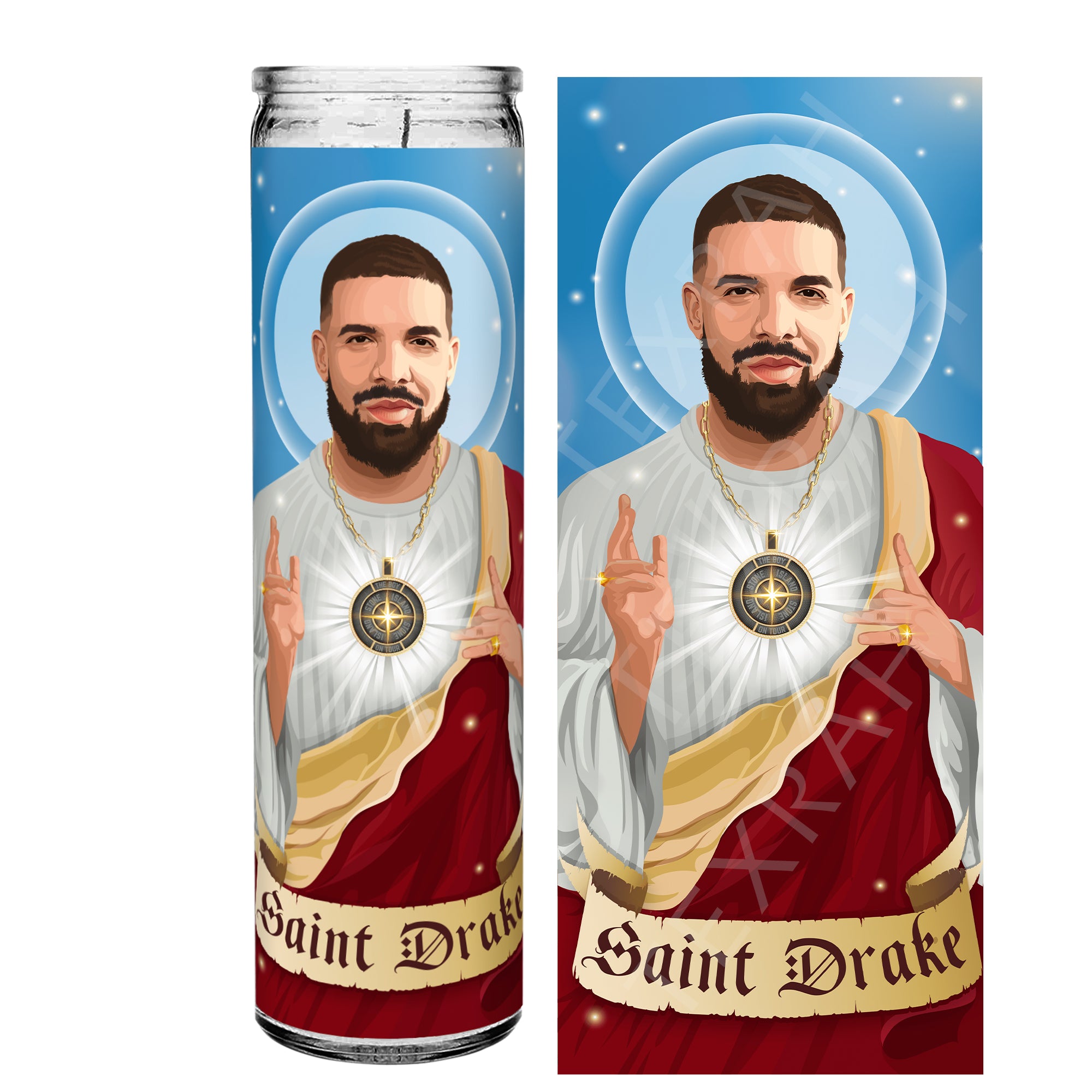 A prayer candle featuring an illustrated image of Drake depicted as a saint. He has a short haircut and beard, with a glowing halo behind him. He is dressed in red and white robes, wearing a large medallion with a radiant glow. His hands are raised in a blessing gesture. The banner at the bottom reads 'Saint Drake' in a stylized font, with a blue background featuring soft glowing lights.