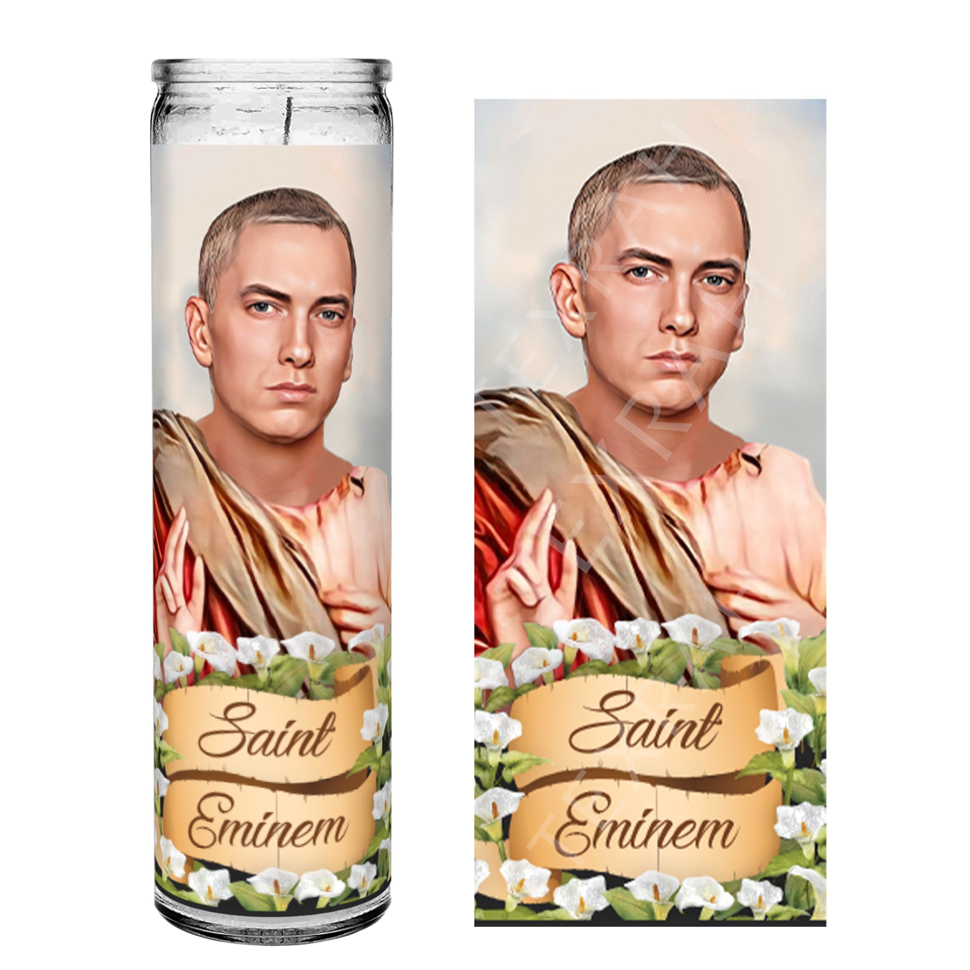 Eminem shown wearing a beige robe with the inscription Saint Eminem placed on a glass jar candle  
