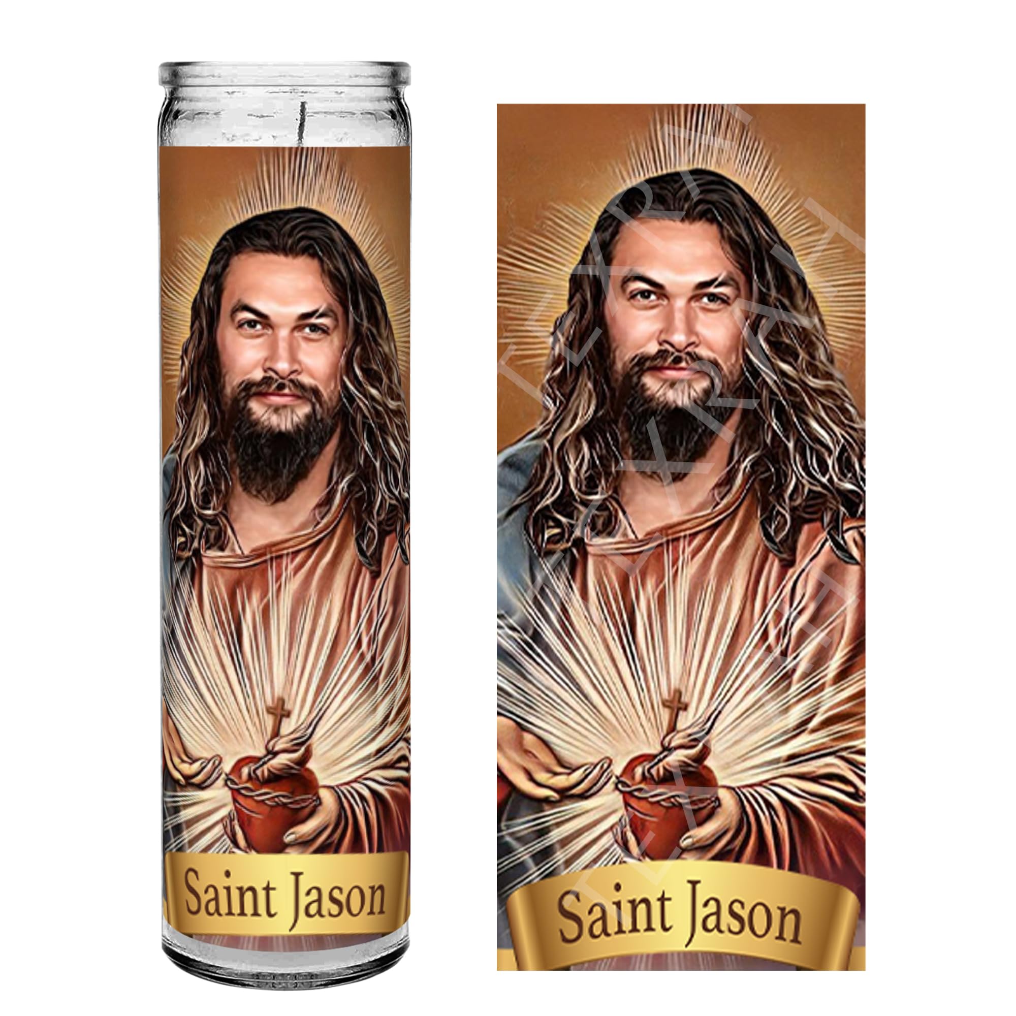A prayer candle featuring an illustrated image of Jason Momoa depicted as a saint. He has long, wavy hair and a beard, with a glowing halo behind him. He holds a radiant sacred heart with a cross on top, emitting beams of light. The banner at the bottom reads 'Saint Jason' in gold against a brown background.