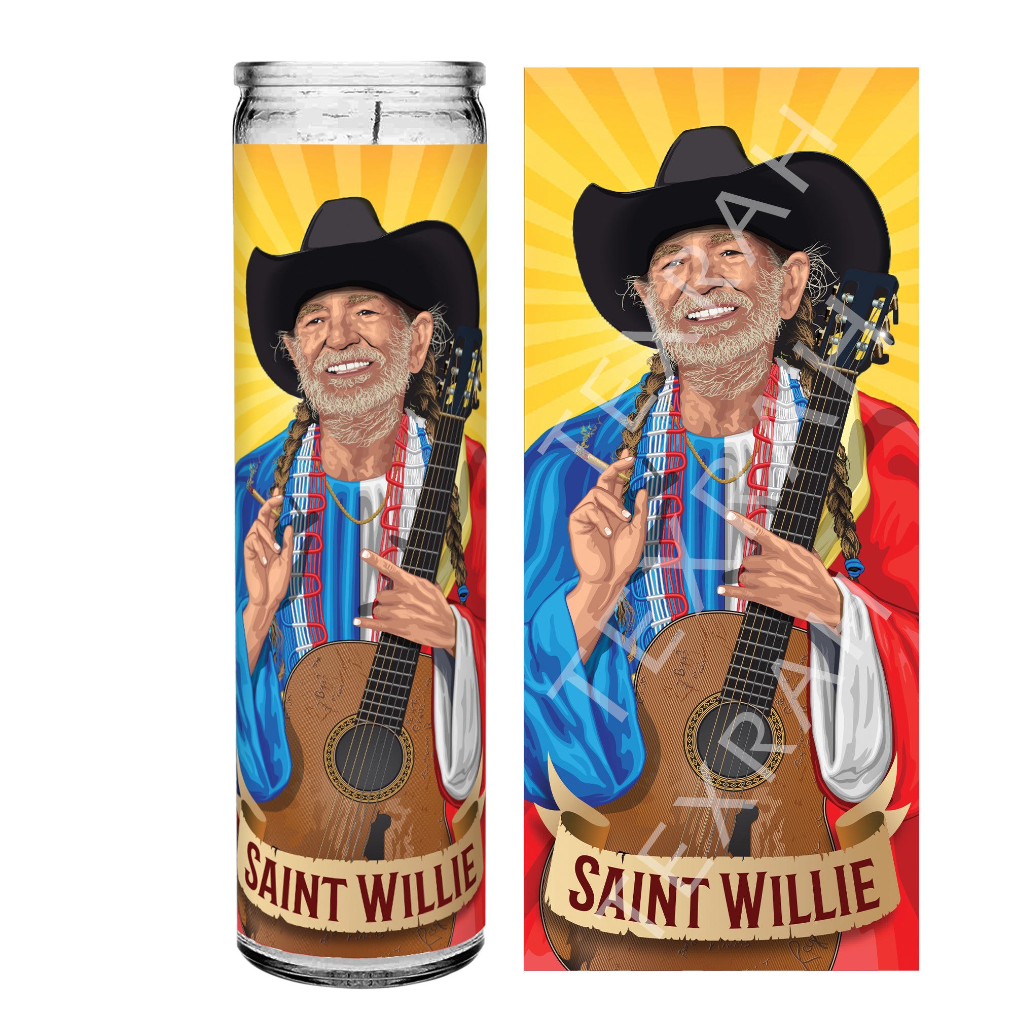 Featuring a vibrant illustration of Willie Nelson as a saint, complete with his iconic braids, a glowing halo, and a peaceful smile, this candle captures his timeless spirit. Surrounded by greenery and adorned with a banner that reads "Saint Willie," this candle is perfect for fans who want to honor his contributions to music, activism, and a life lived on his own terms.
