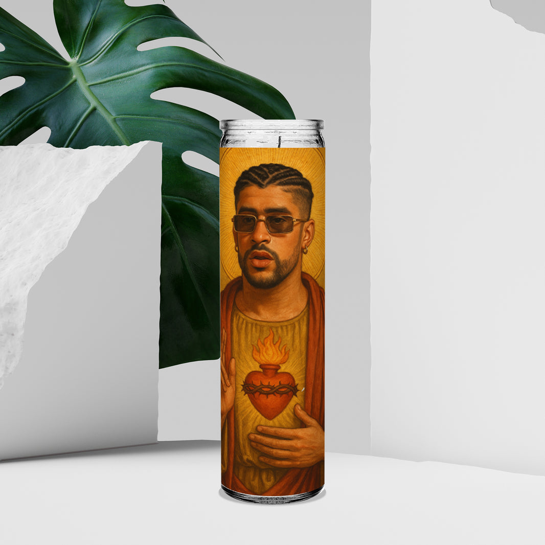 Saint Bad Bunny Celebrity Prayer Devotional Parody Altar Candle, 8" white unscented