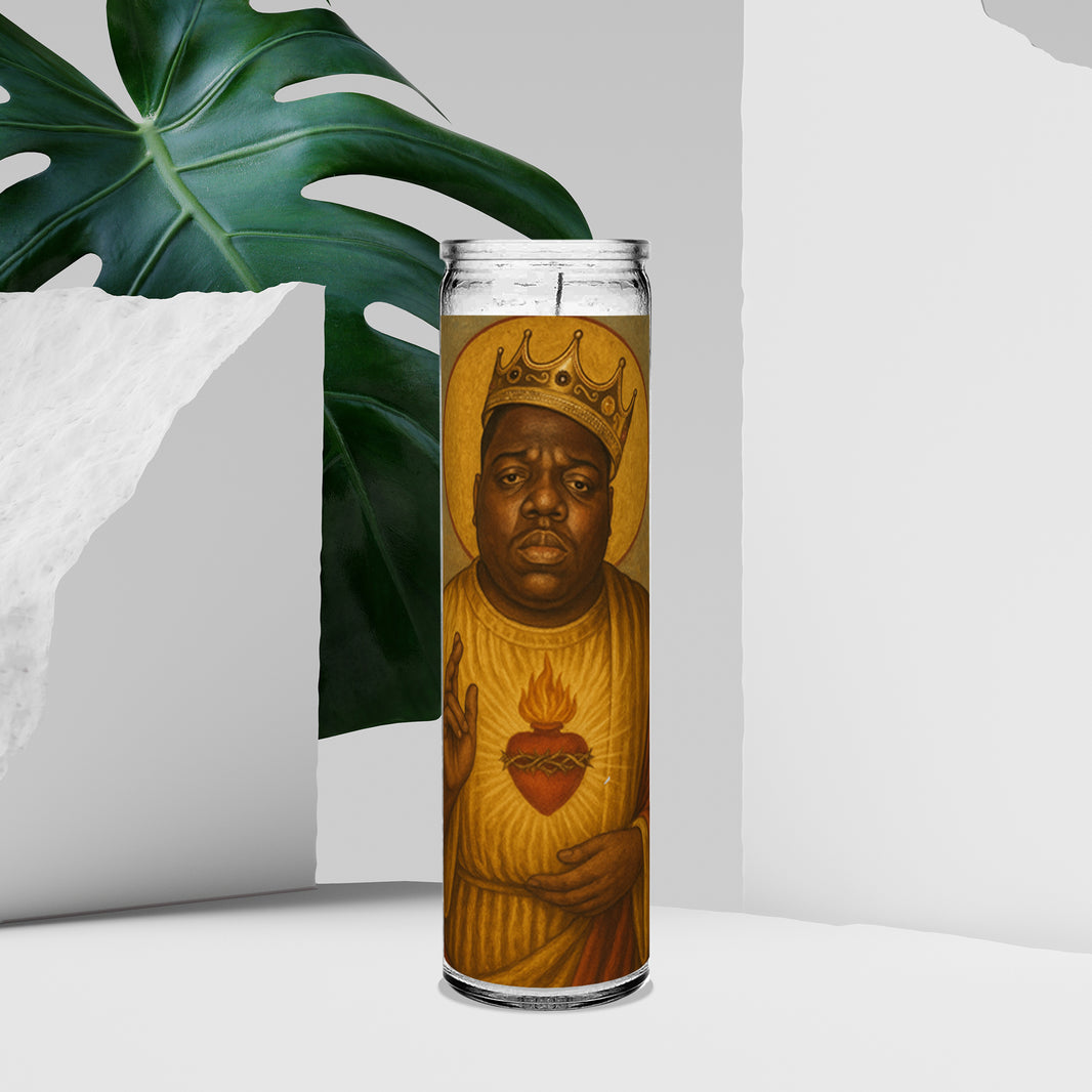 Saint Biggie Smalls Notorious B.I.G. Celebrity Prayer Devotional Parody Altar Candle, 8" white unscented
