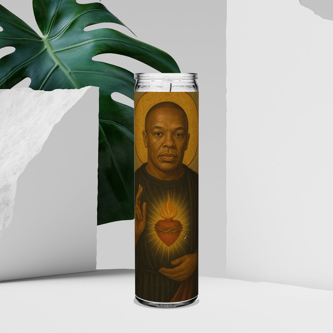 Saint Dr Dre Celebrity Prayer Devotional Parody Altar Candle, 8" white unscented