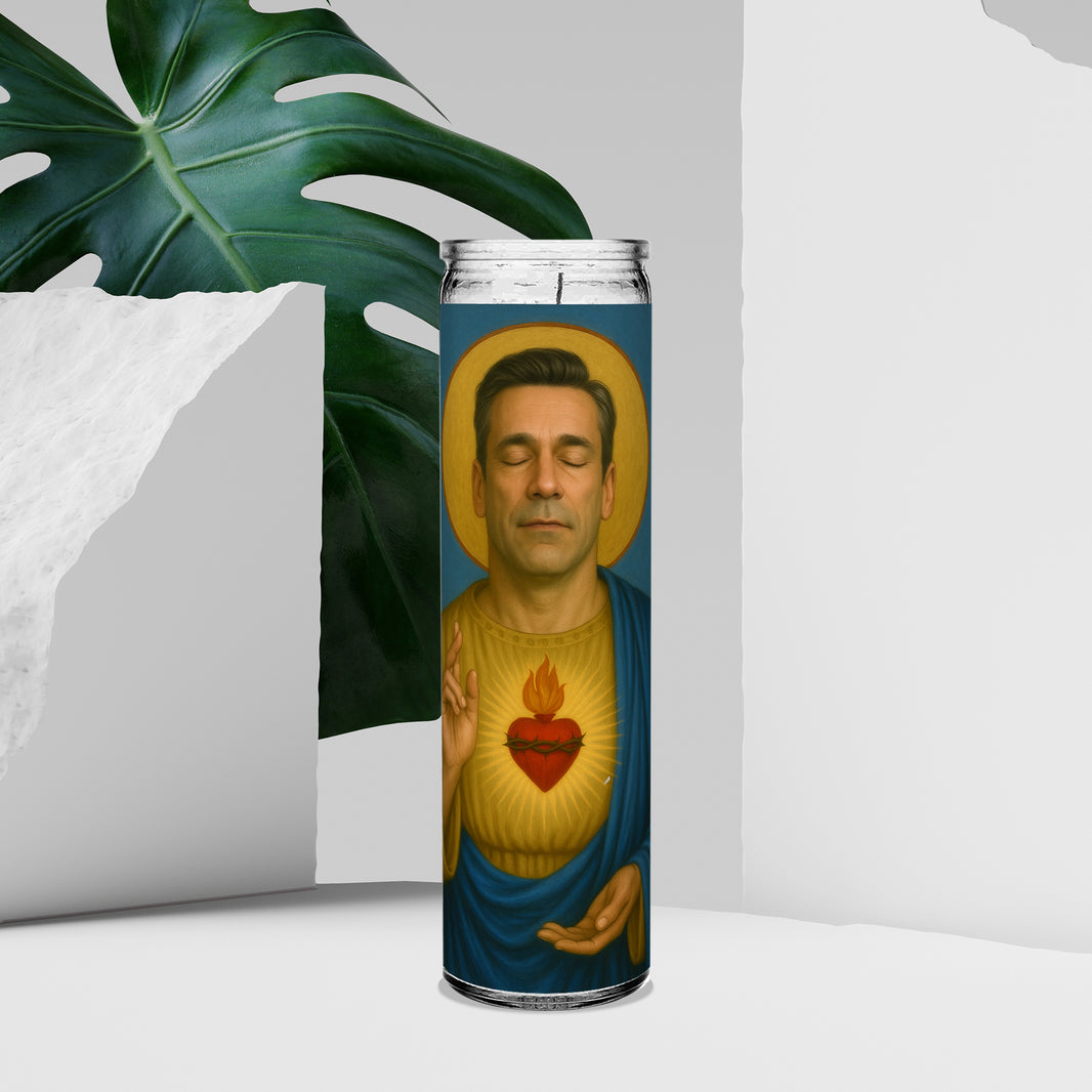 Saint Jon Hamm Celebrity Prayer Devotional Parody Altar Candle, 8" white unscented