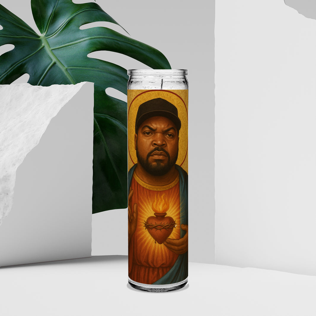 Saint Ice Cube Celebrity Prayer Devotional Parody Altar Candle, 8" white unscented