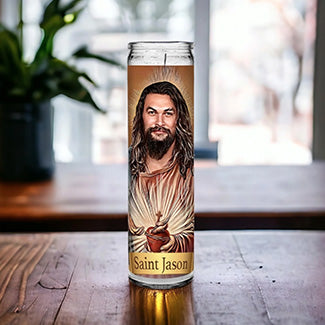 Saint Jason Momoa Celebrity Prayer Devotional Parody Altar Candle, 8" white unscented