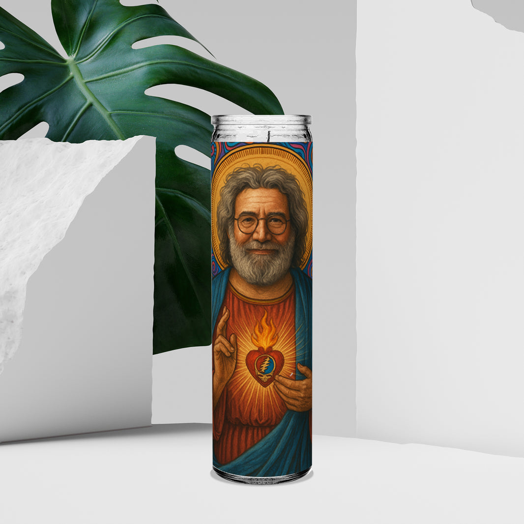 Saint Jerry Garcia Grateful Dead Celebrity Prayer Devotional Parody Altar Candle, 8" white unscented