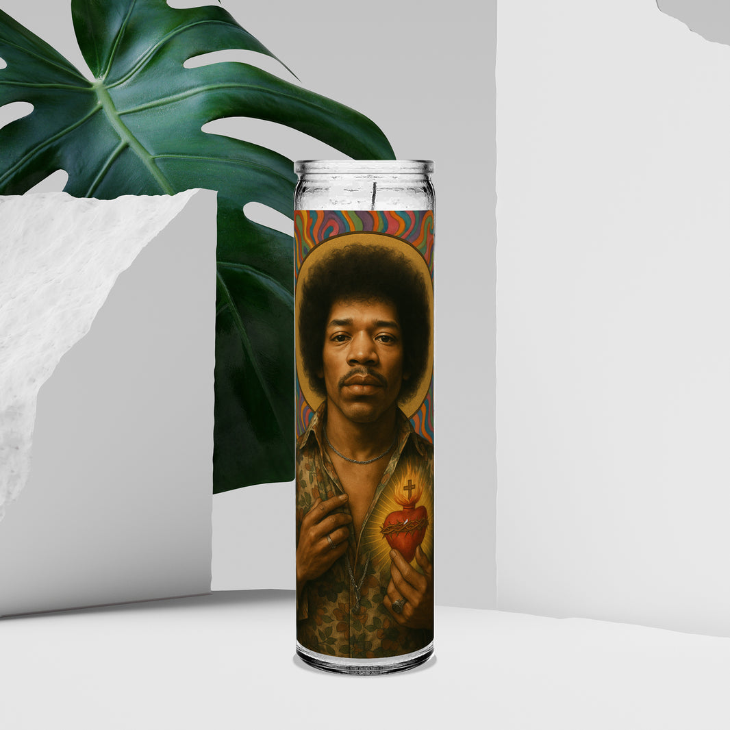 Saint Jimi Hendrix Celebrity Prayer Devotional Parody Altar Candle, 8" white unscented