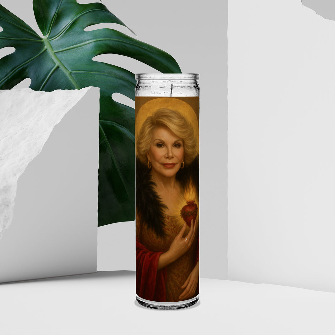 Saint Joan Rivers Celebrity Prayer Devotional Parody Altar Candle, 8" white unscented