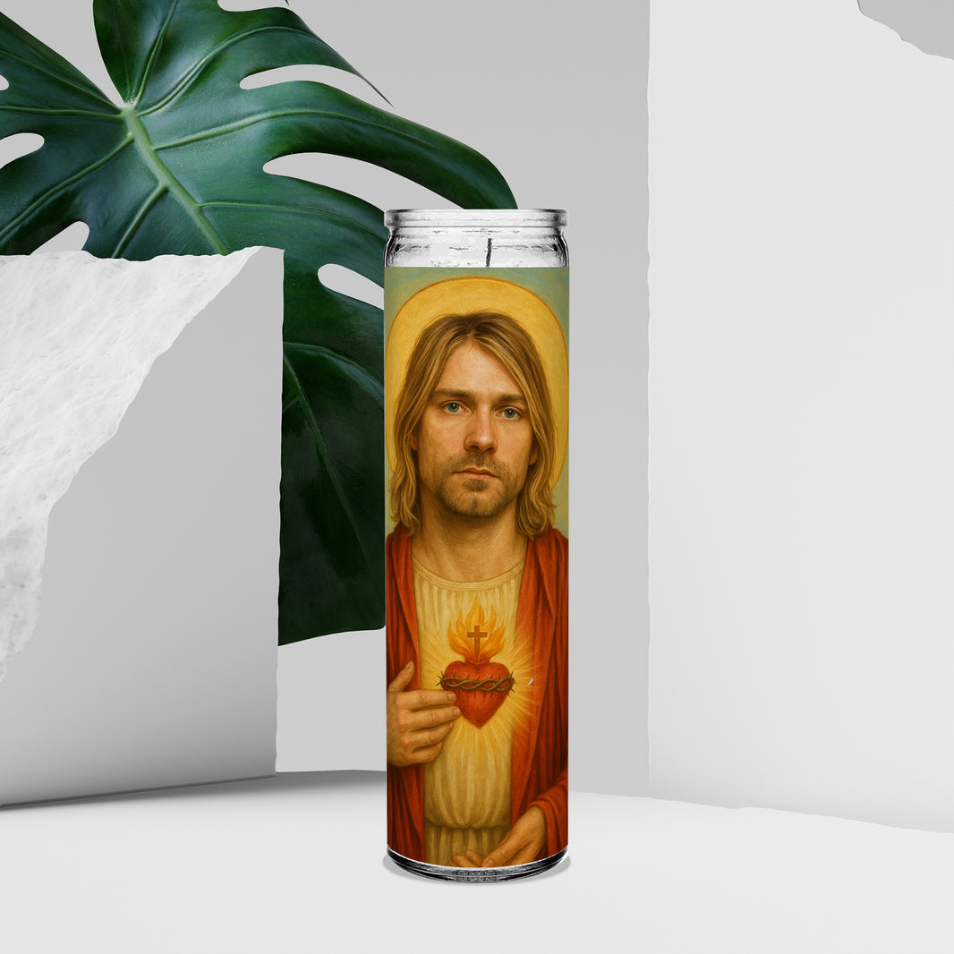 Saint Kurt Cobain Celebrity Prayer Devotional Parody Altar Candle, 8" white unscented