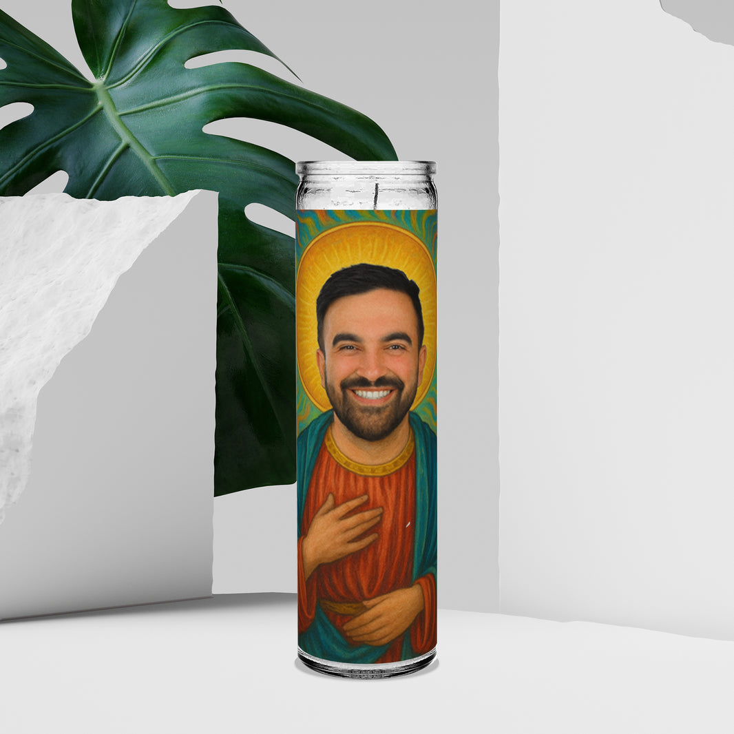 Saint Zohran Mamdani Celebrity Prayer Devotional Parody Altar Candle, 8" white unscented