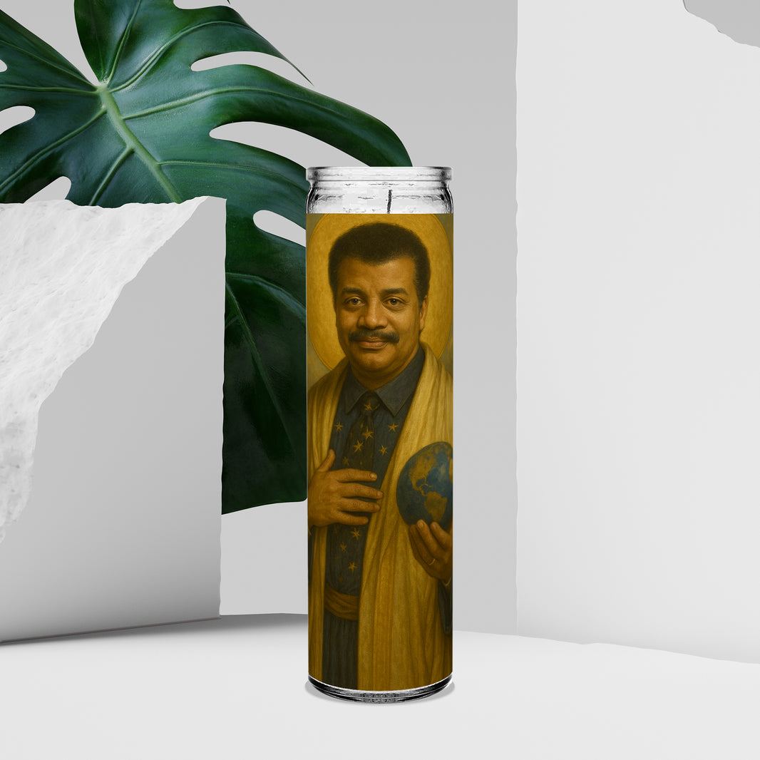 Saint Neil deGrasse Tyson Prayer Devotional Candle | 8" white unscented glass