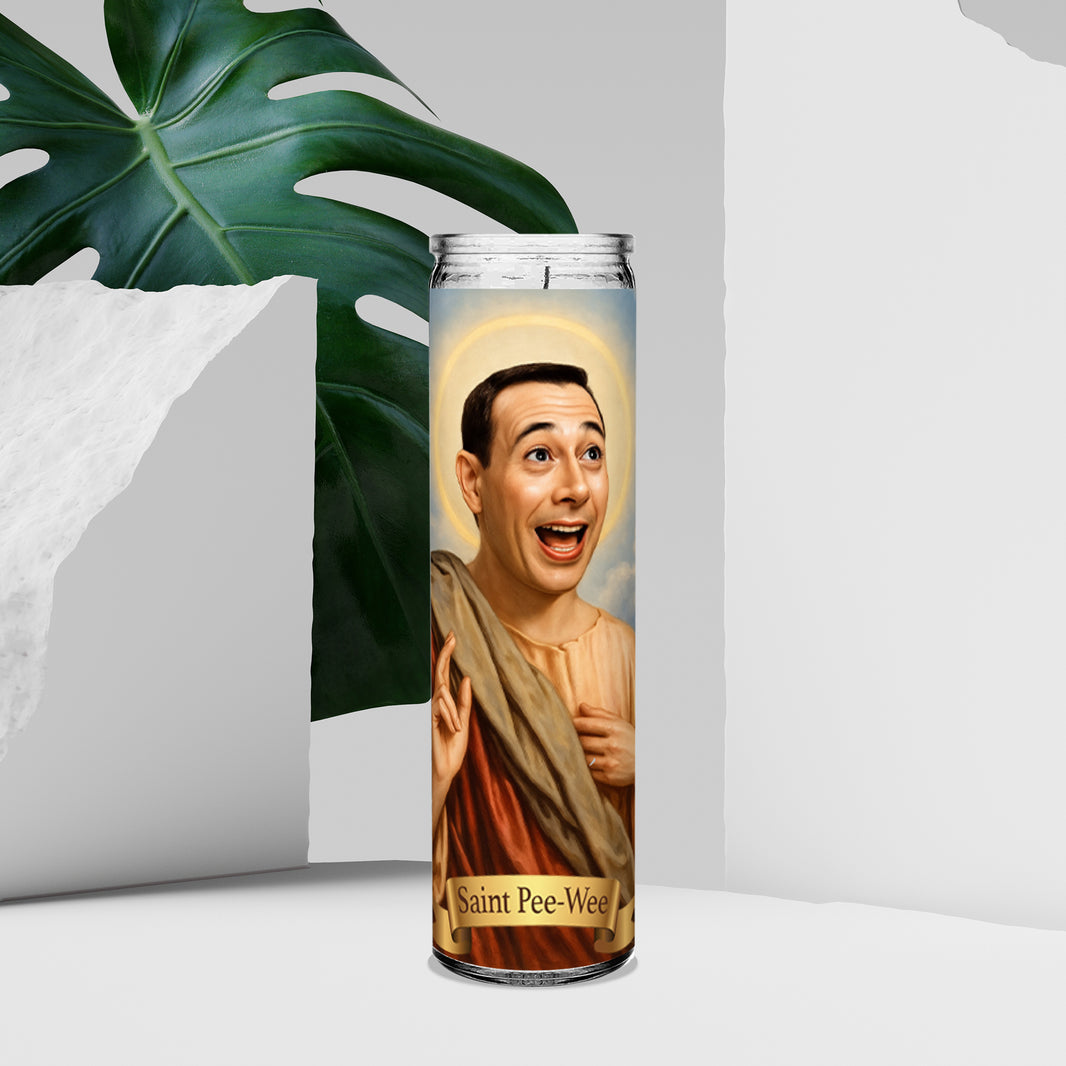 Saint Pee-Wee Herman Prayer Devotional Candle | 8" white unscented glass