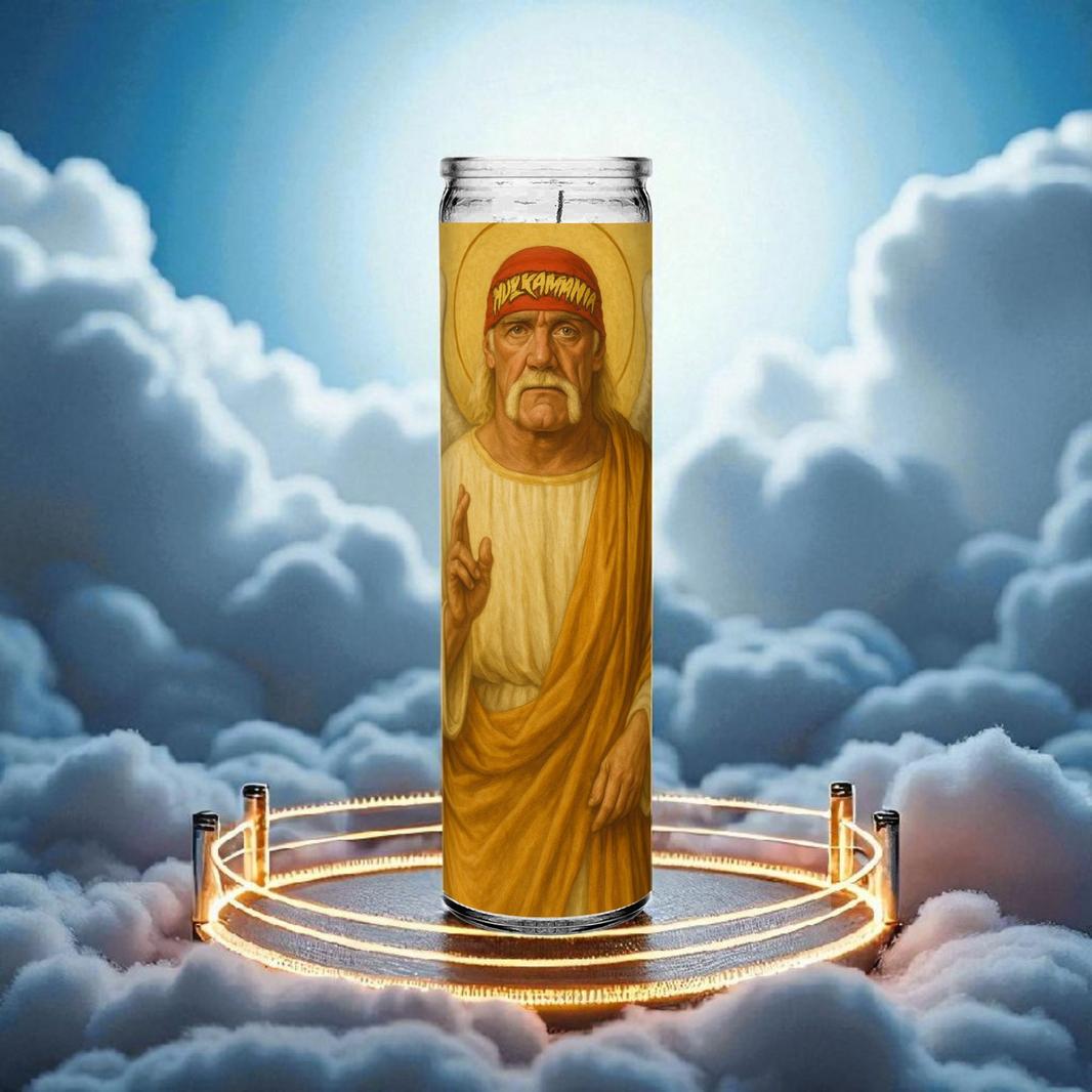 Saint Hulk Hogan Prayer Devotional Candle | 8" white unscented glass