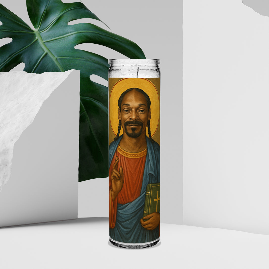 Saint Snoop Dogg Celebrity Prayer Devotional Parody Altar Candle, 8" white unscented