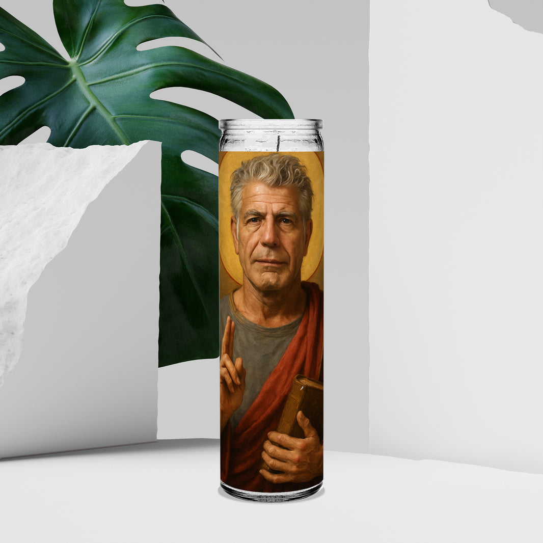 Saint Anthony Bourdain Celebrity Prayer Devotional Parody Candlev (V2) 8" white, unscented glass (Copy)